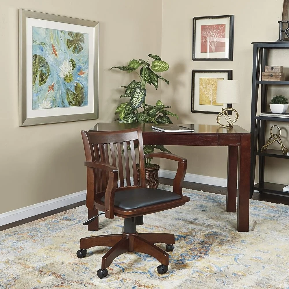 

Ergonomic Wood Desk Chair Adjustable Height Padded Vinyl Seat Locking Tilt Heavy Duty Rolling Casters Home Office