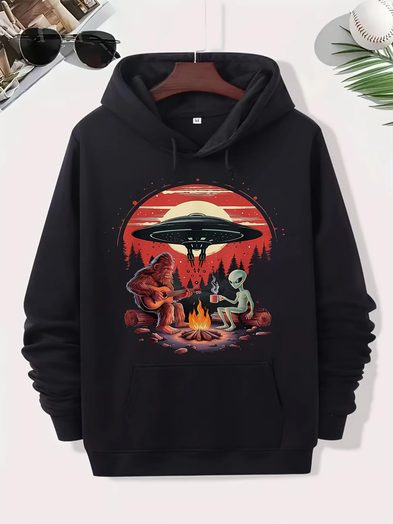 Unisex Alien and Bigfoot Campfire UFO Hoodie - Mysterious Creature Themed Sweater, Soft Breathable Cotton Blend Pullover with Kangaroo Pocket for Camping, Race Day and Mysterious Zoology Lovers (Black), Size S-XXXL, Lightweight