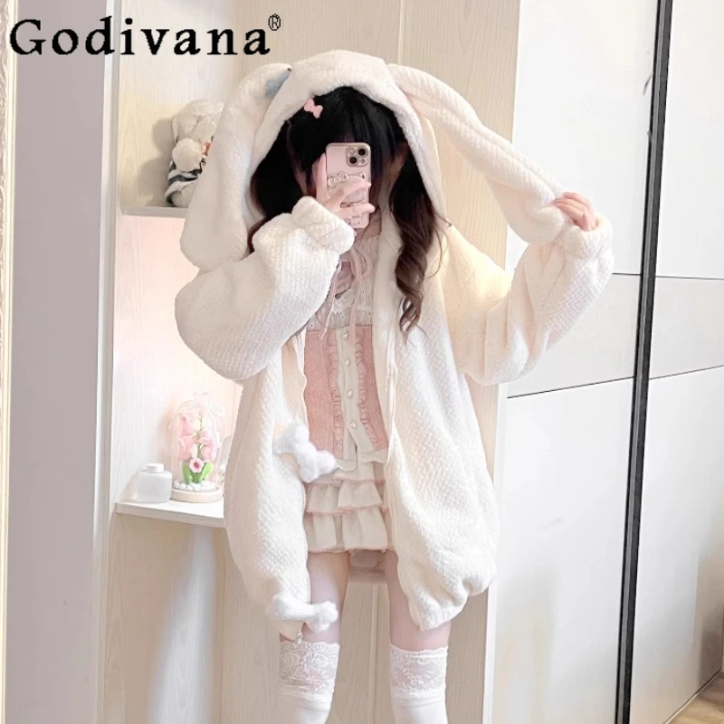 

Sweet Lolita Style Rabbit Ears Hooded Faux Fur Coats Women Winter Fashion Oversize Warm Fur Jackets Cute Y2k Zipper Sweatshirt