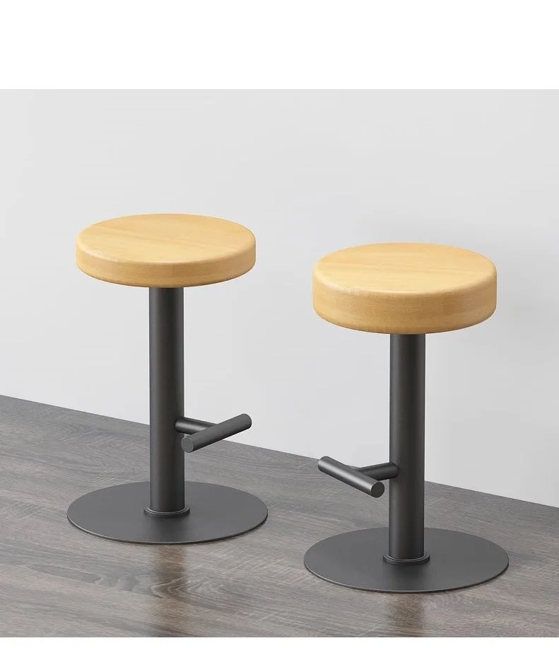 Nordic Solid Wood Iron Bar Chairs, Simple Household Bar Dining Stools, High-Footed Chairs, Round Stools