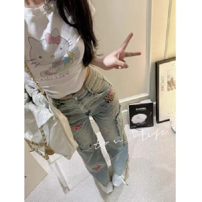 Sanrio novo bonito jeans olá kitty jeans estilo americano retro graffiti solto olhar mais fino estudante calças retas menina