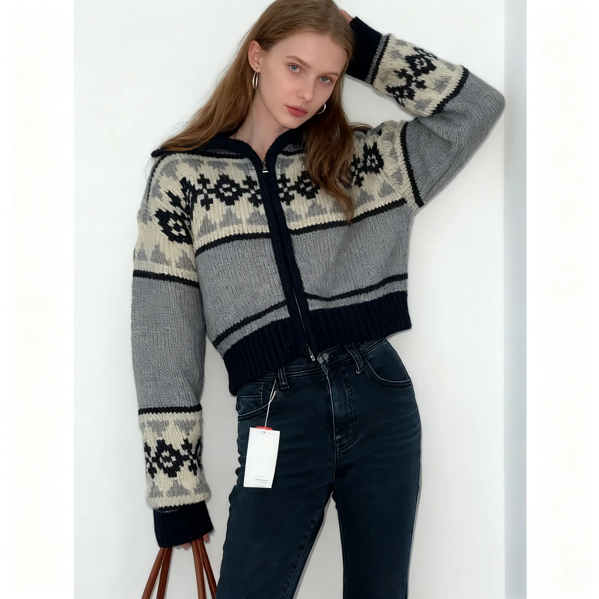 NEW Korean Gentle Touch  Sweater  Winter Retro Knitted Cardigan Chic Jacquard Zipper Knitted Sweater Cozy Jacket