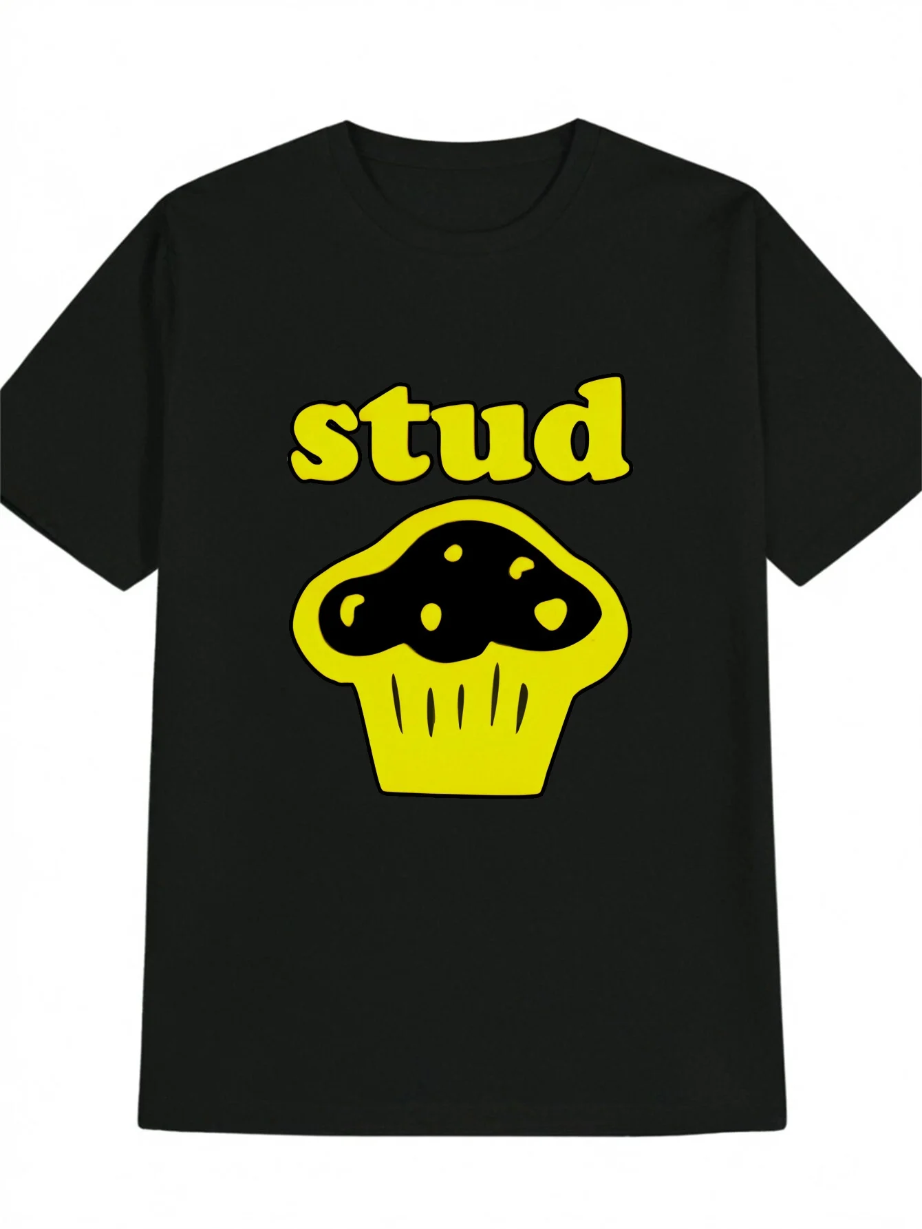 

Men's Casual Graphic T-Shirt Black with Bold Yellow Stud Cupcake Print Round Neck Summer Tee Regular Fit Top