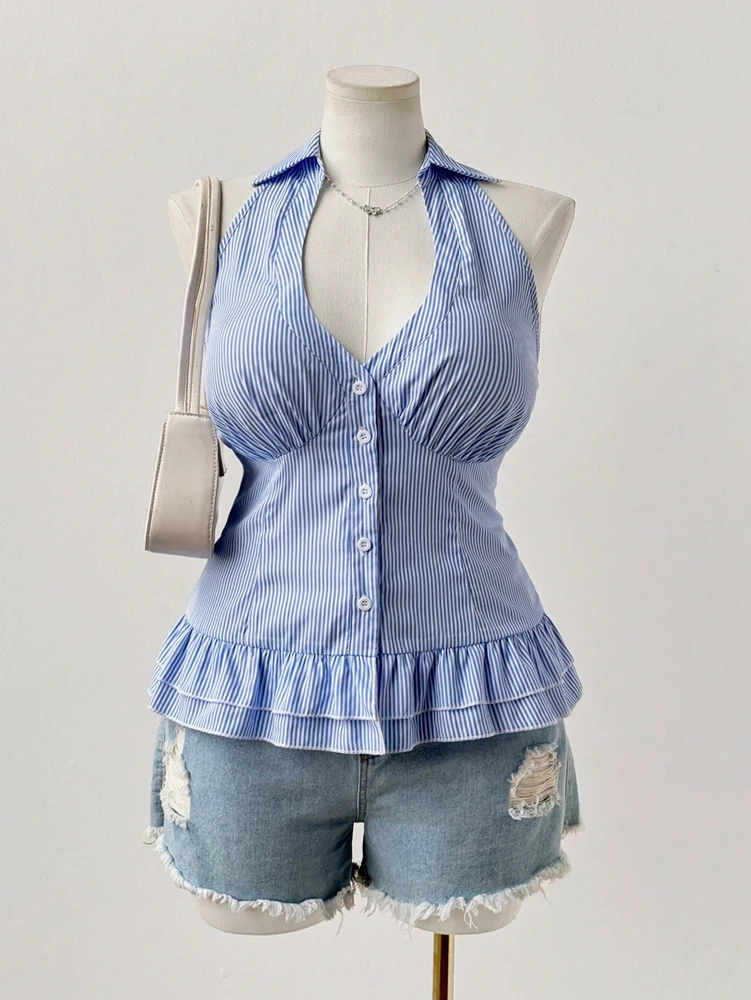 

Женская повседневная рубашка без рукавов с плиссированным подолом большого размера, синяя полосатая рубашка с v-образным вырезом, пляжный курорт с открытой спиной