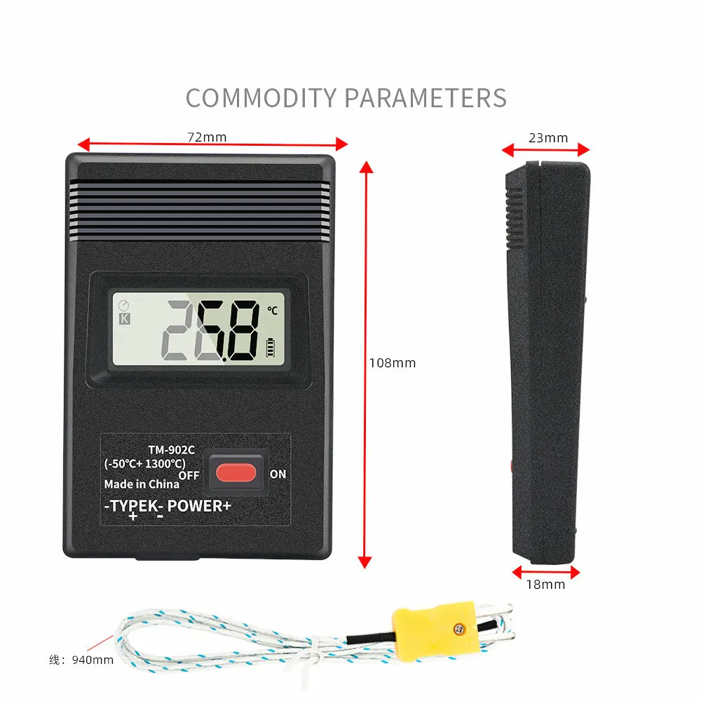 TM-902C Black K Type Digital LCD Temperature Detector Thermometer Industrial Thermodetector Meter + Thermocouple Probe
