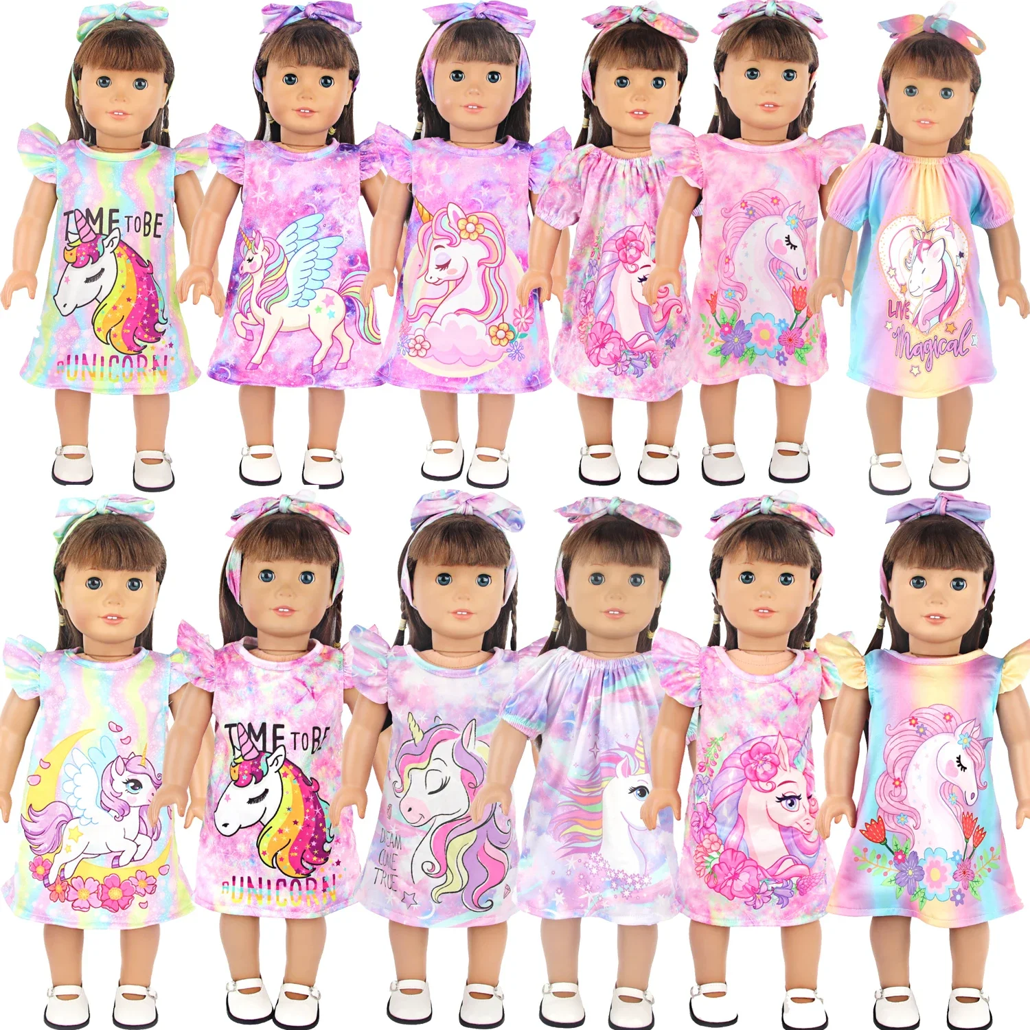 2 PCS Cute Unicorn Dress+Hairband Clothes Set For American 18 Inches Girl Dolls Candy Clothing Skirt For 43cm Baby New Born Doll