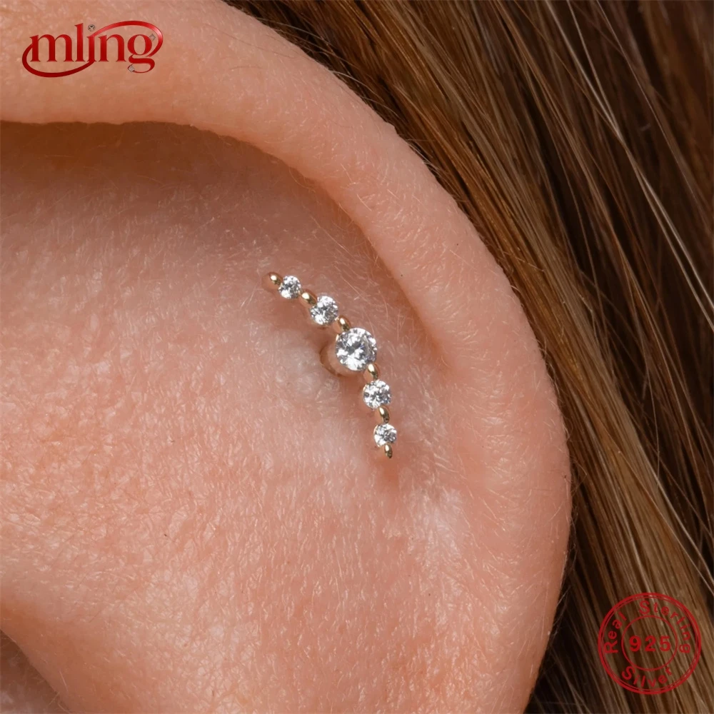 

MLING 1PC 925 Sterling Silver Linear Round Zircon Heart-shaped Flat-head Threaded Puncture Earring Women Ins 18K Gold Earring