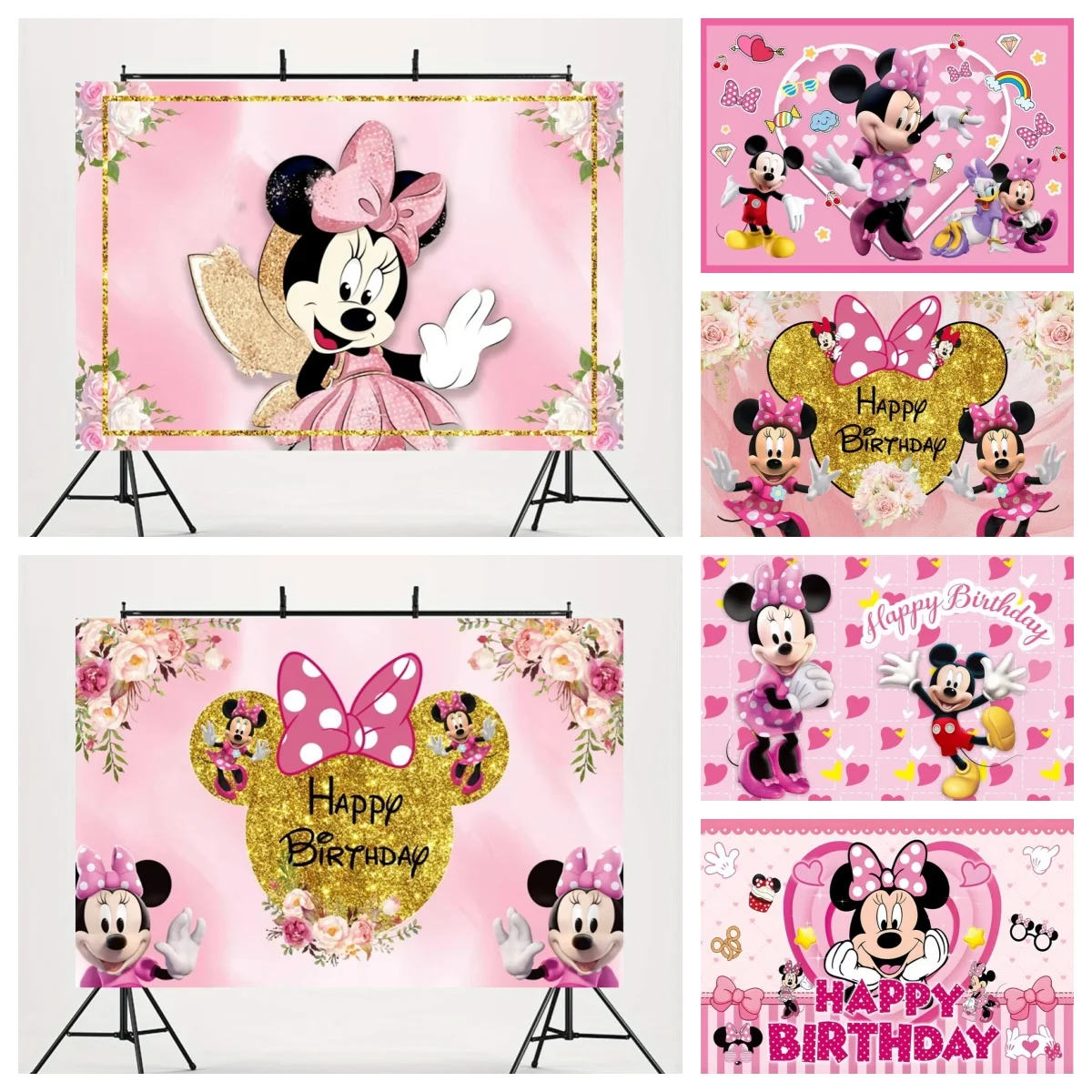 Latar Belakang Fotografi Dekorasi Pesta Ulang Tahun Pertama Bayi Perempuan Minnie Mouse Latar Belakang Pemotretan Fotografi Studio Foto