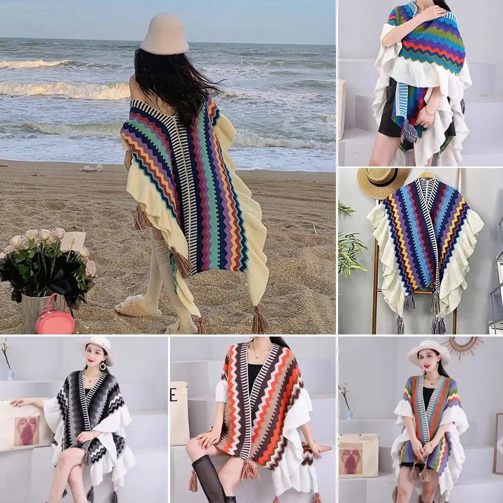 

Ethnic Style Mongolian Poncho Soft Imitation Cashmere Striped Flounce Knitting Wraps Winter Warm Knitted Cape Women Fashion