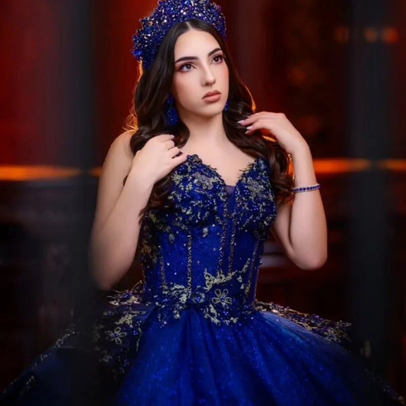 

Customized royal blue Quinceanera Dresses Off the Shoulder Tull crystal applique Lace 3D flower Vestido De 15 Quinceanera