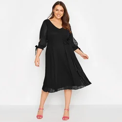 Plus Size 3/4 Sleeve Sexy V-neck Elegant Spring Autumn Formal Party Dress Women Flowy Midi Pleated Dress Night Out Evening Dress