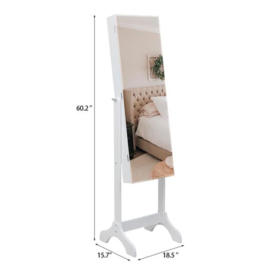 Full Mirror Wooden Floor Standing Mirror Cabinet with 4-layer Shelf and Inner Mirror Surface 2 Drawers for Jewelry Storage