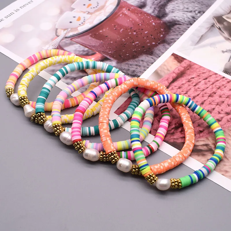 Boho Pearl Charm Bracelets Polymer Clay Disc 6mm Beaded Bracelet For Female Summer Beach Bracelets Women 2022 Fashion Jewelry