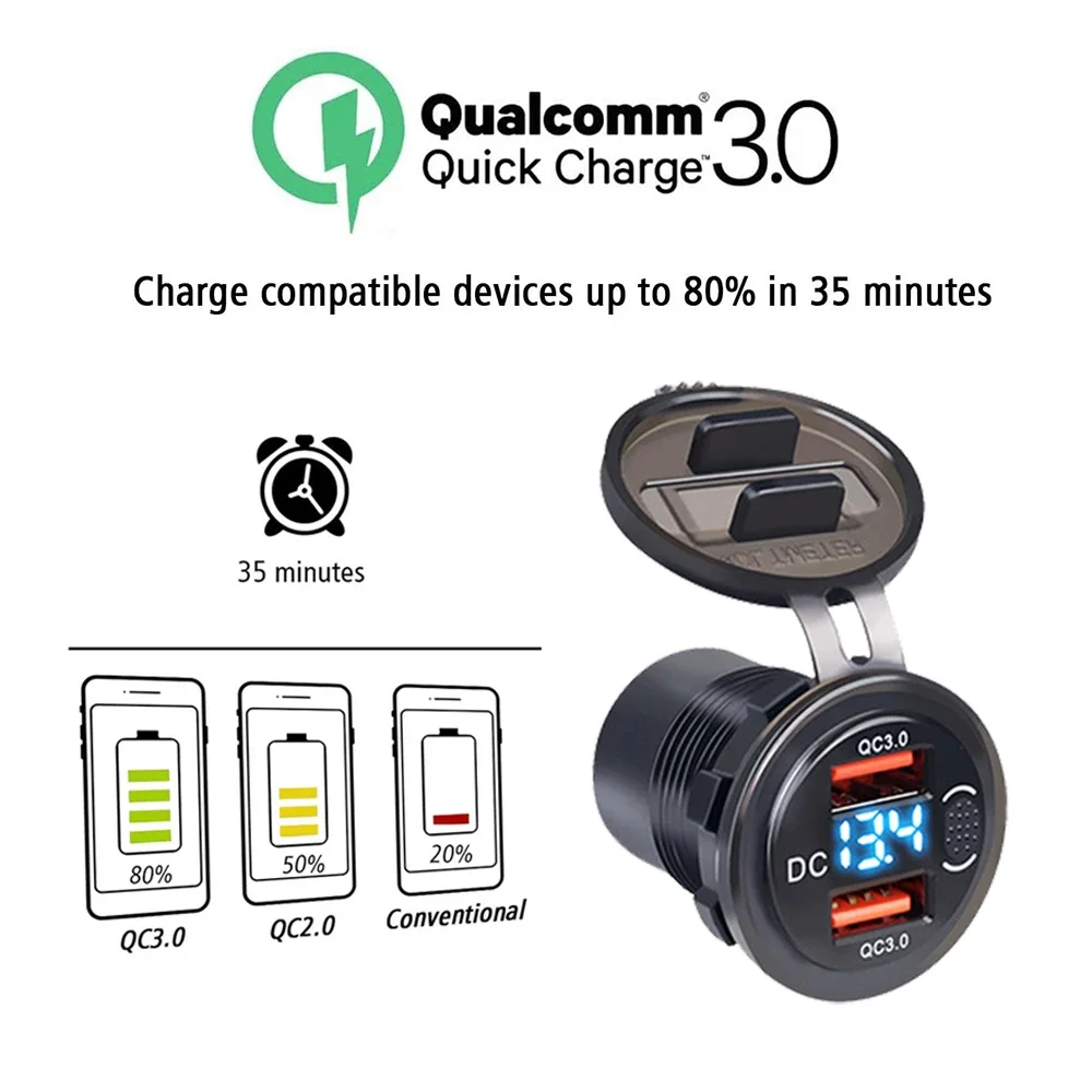 Dual QC3.0 USB Car Charger Socket With Button Switch Digital LED Voltmeter 12V 24V Fast Charging Adapter Outlet For Car Boat RV