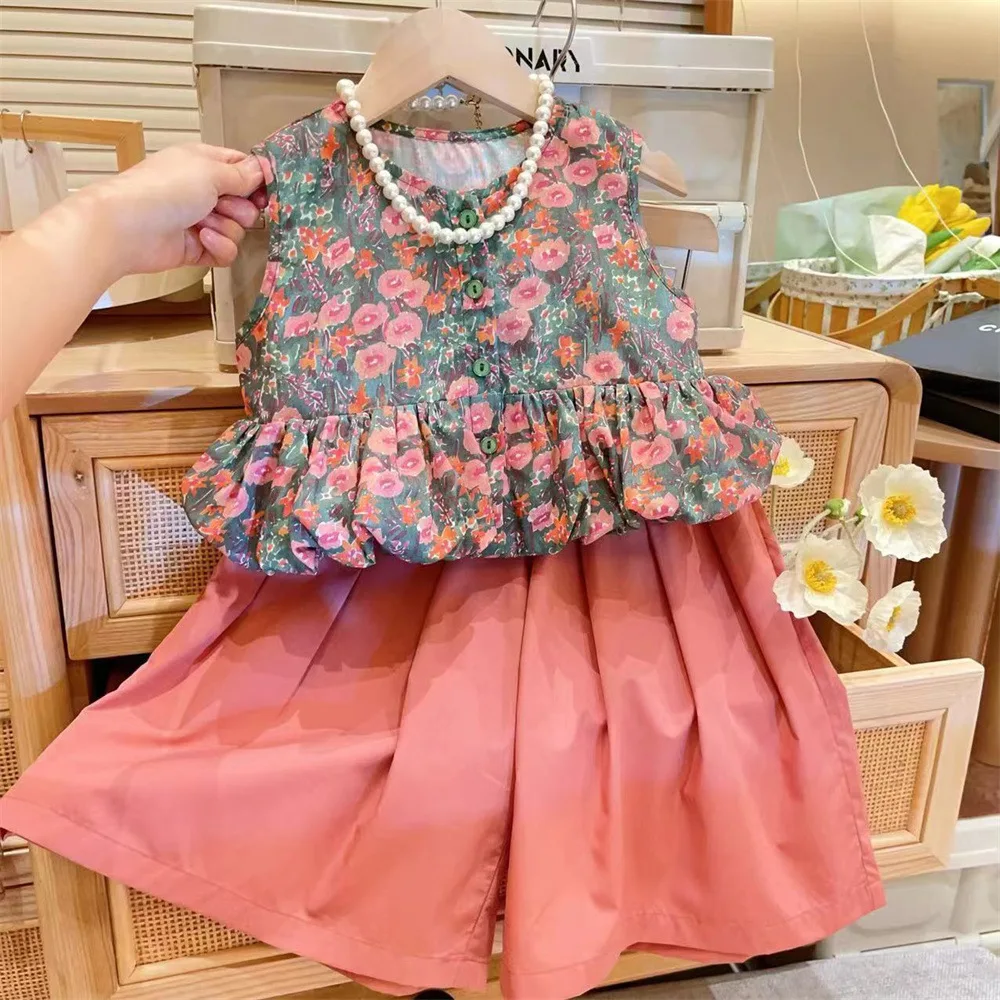 Girls Clothing Sets 2024 Summer New Children\'s Wear Ladies Style Fashion Floral Sleeveless Vest Top+wide Leg Skirt Pants 2-7Y