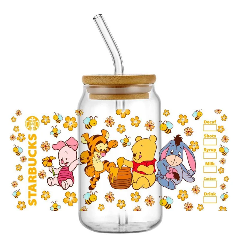 Miniso Disney Cartoon Bear Winnie the Pooh Pattern UV DTF Transfer Sticker Waterproof Transfers Decals For 16oz Glass Cup Wrap