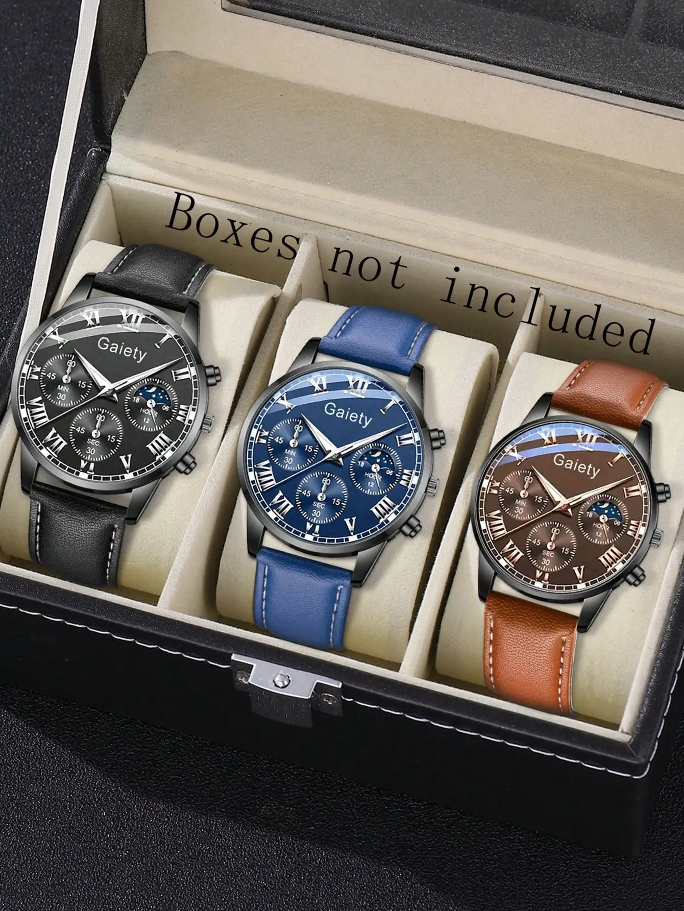 

Набор из 3 мужских кварцевых часов с ремешком из искусственной кожи, циферблатом с римскими цифрами, хронографом и индикатором фаз луны