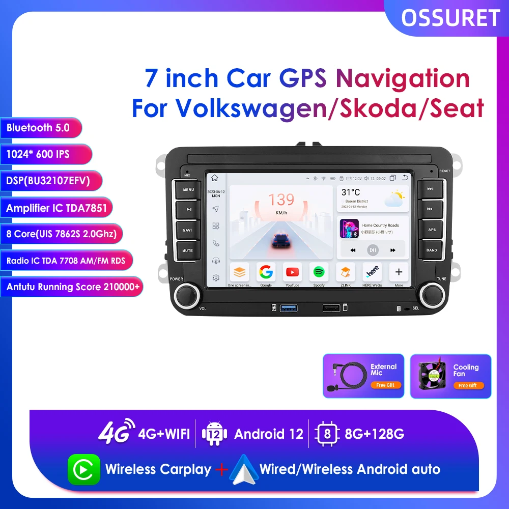 

7" Wireless Carplay Android for Volkswagen VW Golf Passat Polo B6 B7 Jetta Tiguan Touran Skoda Seat Car Multimedia Player GPS 4G