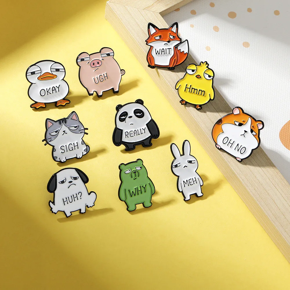 Cute Sarcastic Animal Enamel Brooch Funny Mood Expression Badge Cartoon Hamster Panda Fox Rabbit Pig Dog PinBackpack Lapel Decor