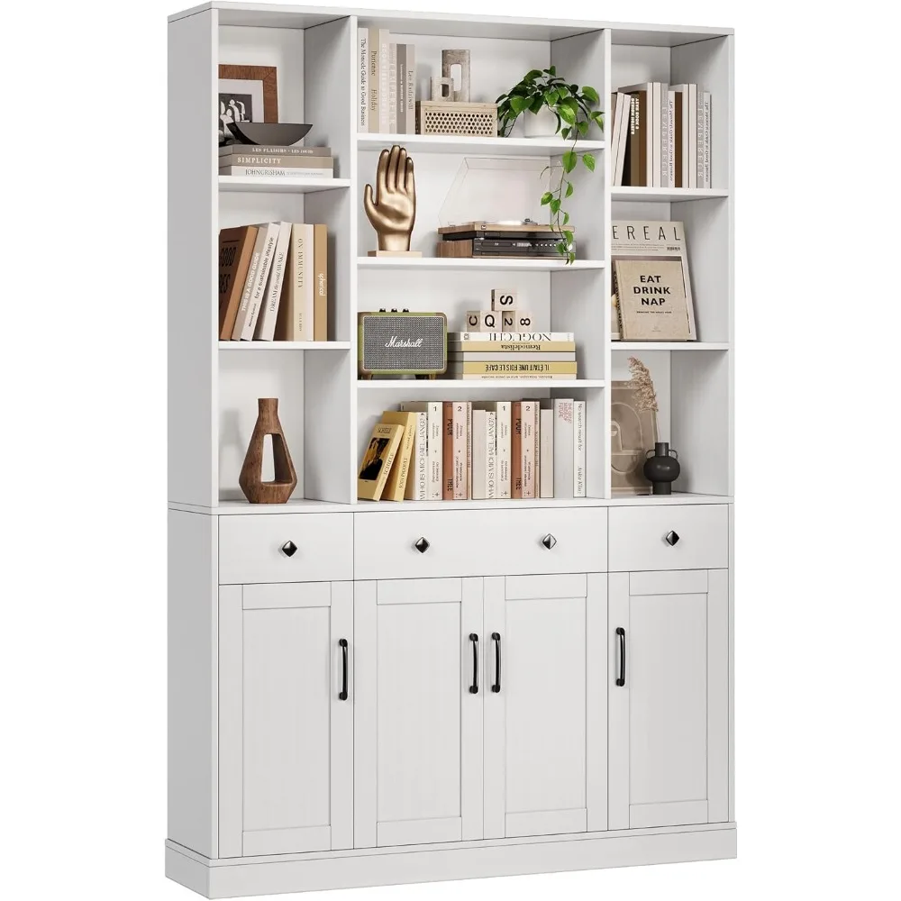 

74.8’’ in Tall Bookshelf with 3 Storage Drawers, 6-Tier Bookshelf with 4 Doors, White Shelf Display Storage Book Cabinet Bookshe