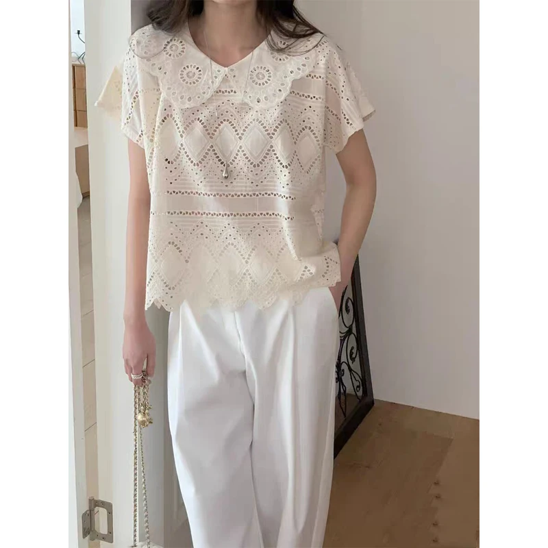 

Korean Style Doll Collar Short Sleeve Shirt Women's Summer 2026 Breathable Loose Fit Lace Embroidery Hollow out Top