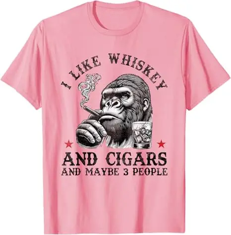 I Like Whiskey and Cigars and Maybe 3 People Monkey T-Shirt Men's Fashion Drinking Lover Sarcastic Saying Tee Top Graphic Outfit