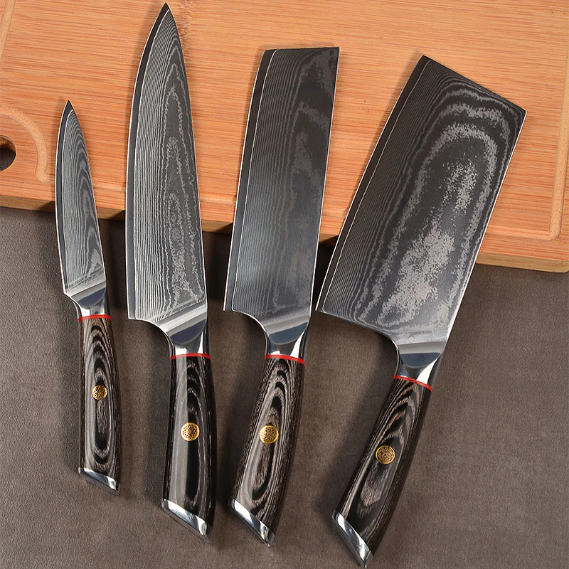 1-4pcs Damascus Steel Set Knife Slicing Knife Chef Knife Slanted Head Color Wood Handle Fruit Knife Kitchen Knife Meat Knife