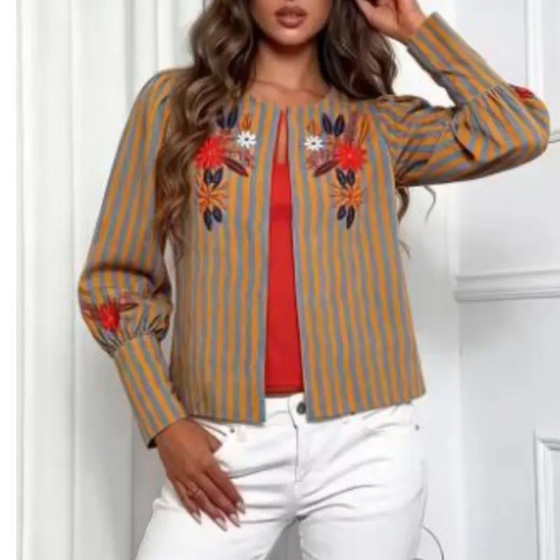 Women's Jackets Autumn New Striped Flower Embroidered Round Neck Long Sleeve Coats Fashion Causal Female Outerwear Chic Top