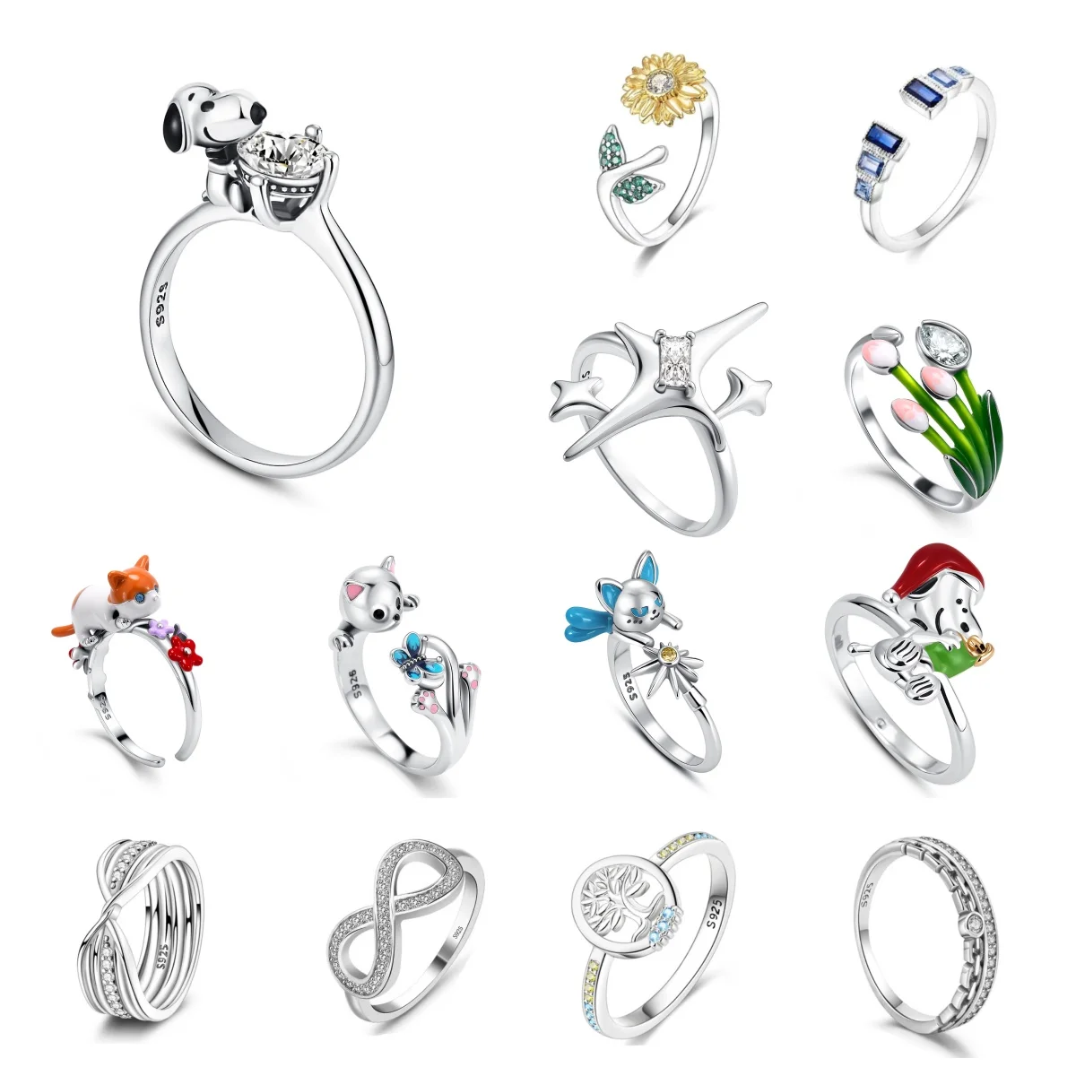 Hot Selling New 925 silver, Sun and Moon, Tulip, Puppy, Eternal Ring,Fit European Women's Holiday Gifts, Exquisite Jewelry