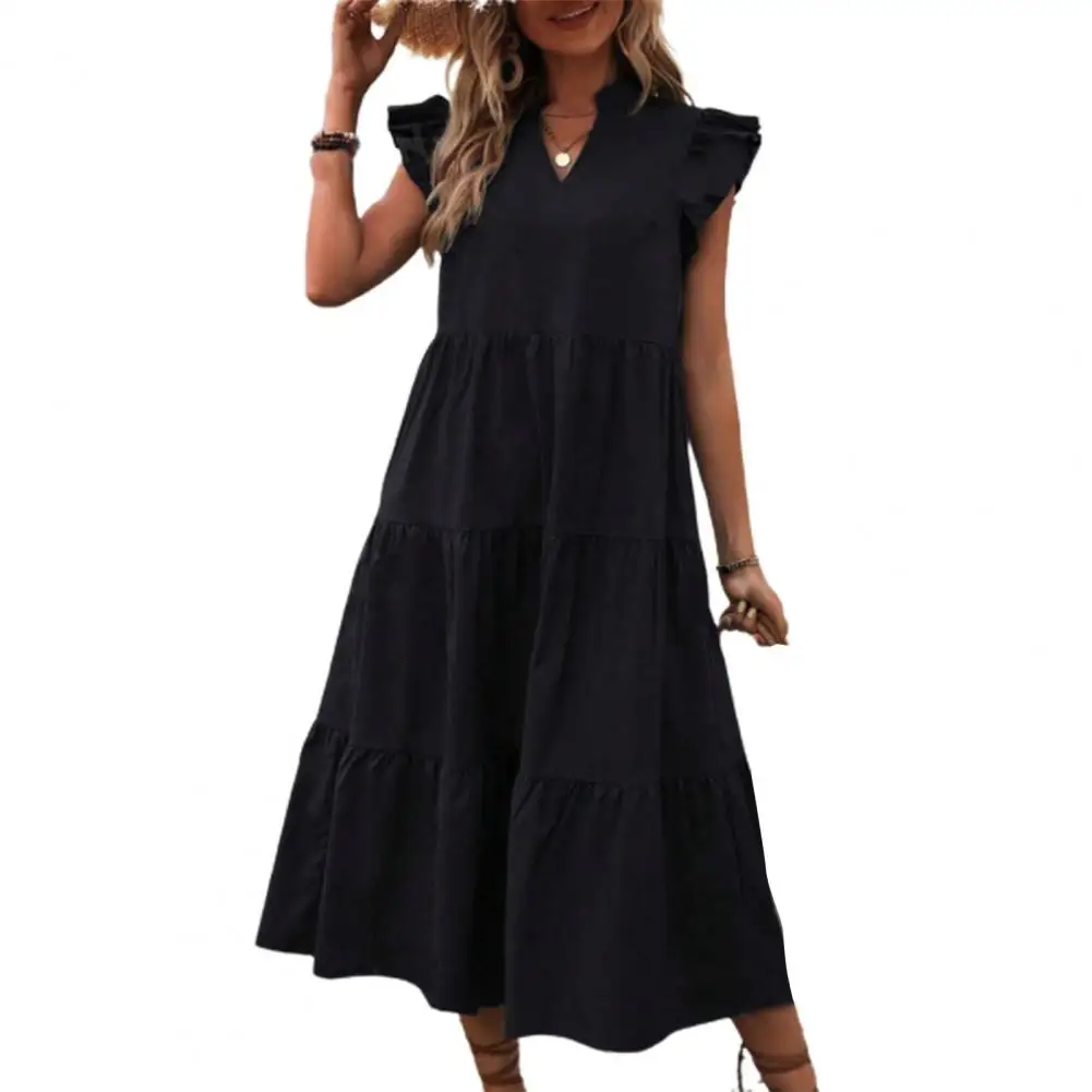 Summer Dress Solid Color Dress Elegant V Neck A-line Midi Dress with Ruffle Sleeves for Women for Dating Parties Beach Vacations