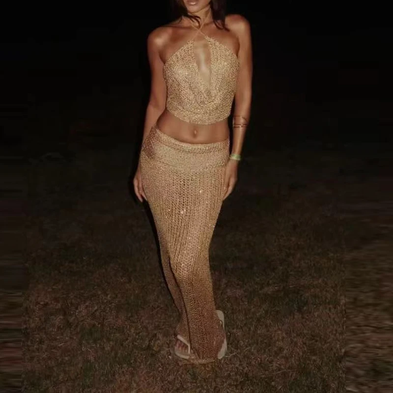 Sexy trägerlose Crop-Tops und lange Röcke, Sommer-Sets für Damen, modische Party-Outfits mit hoher Taille, elegante, rückenfreie, ärmellose 2-teilige Anzüge