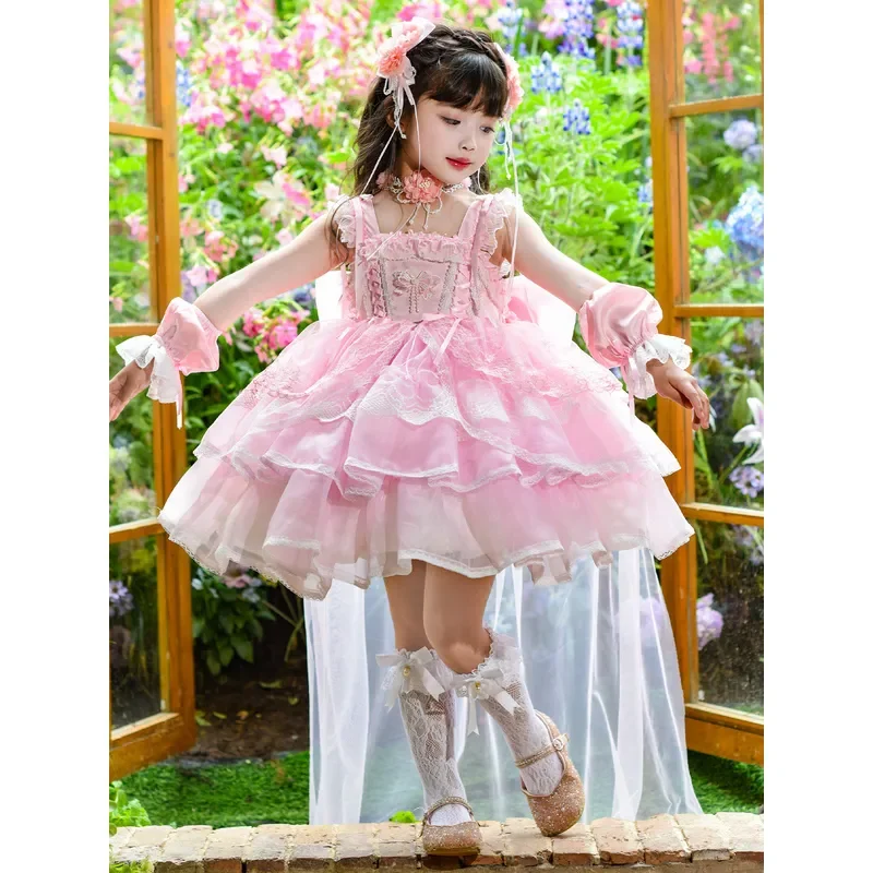 

Baby Girl Summer Pink Sweet Lolita Floral Lace Princess Gauze Ball Gown Floral Lace Dress Birthday Wedding Party Eid Childen Clo