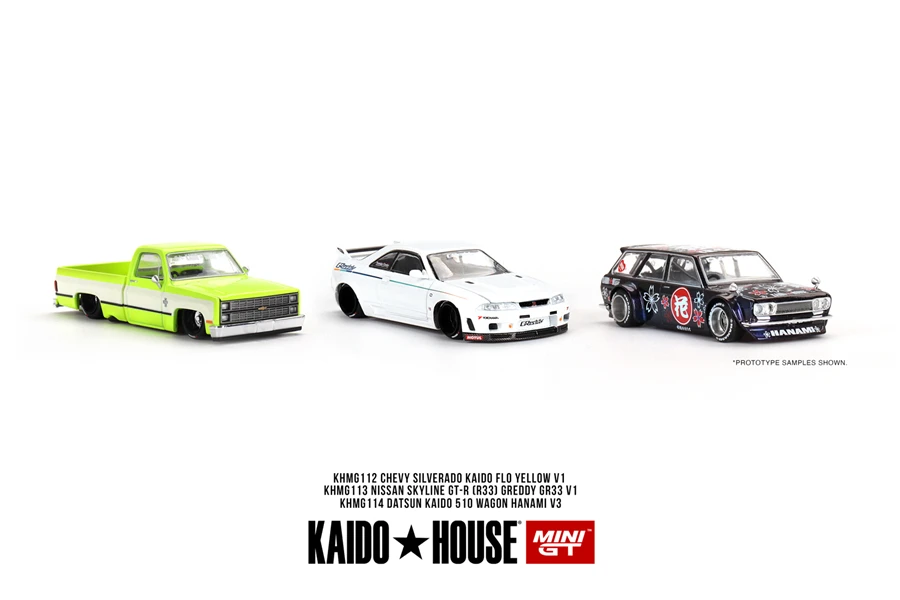 

Kaido House + MINIGT 1/64 Nissan Skyline GT-R (R33) Greddy GR33 V1 Datsun KAIDO 510 Wagon Hanami V3 Diecast Alloy Model Toy Car