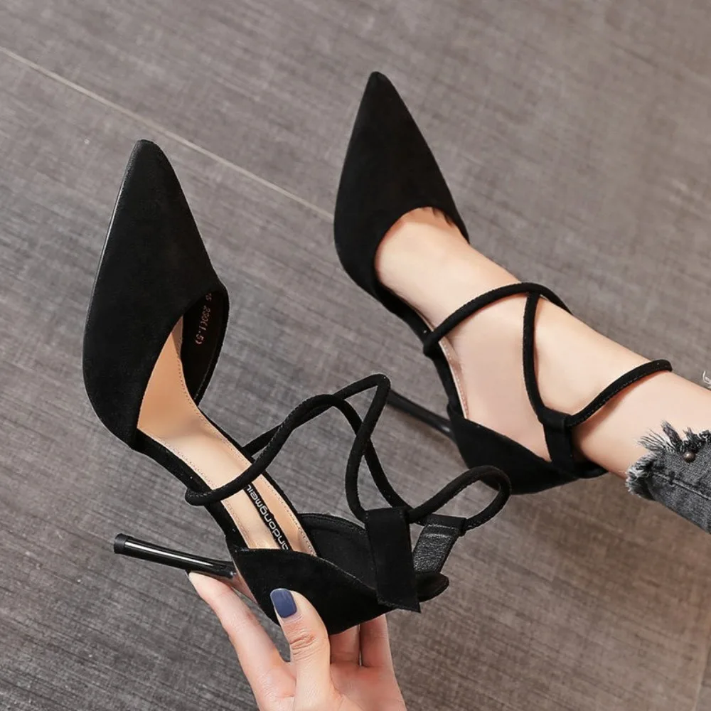 Nuevas sandalias romanas de moda con tiras cruzadas, tacones altos de gamuza, zapatos de mujer con hebilla de una línea, sandalias de tacón fino y punta, Zapatos de Mujer