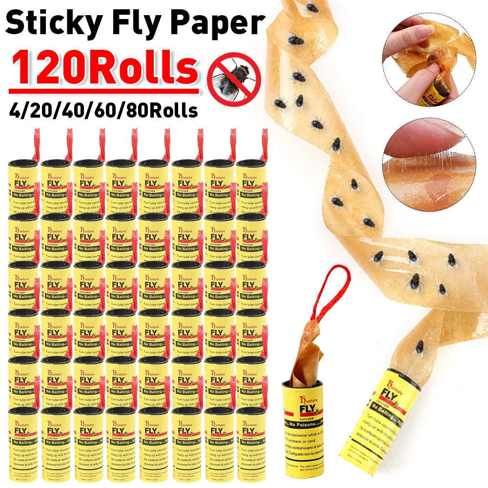 4-120Pcs Fly Sticky Paper Strip Strong Glue Double Sided Flies Paper Strips Flying Insect Bug Mosquitos Catcher Roll Tape