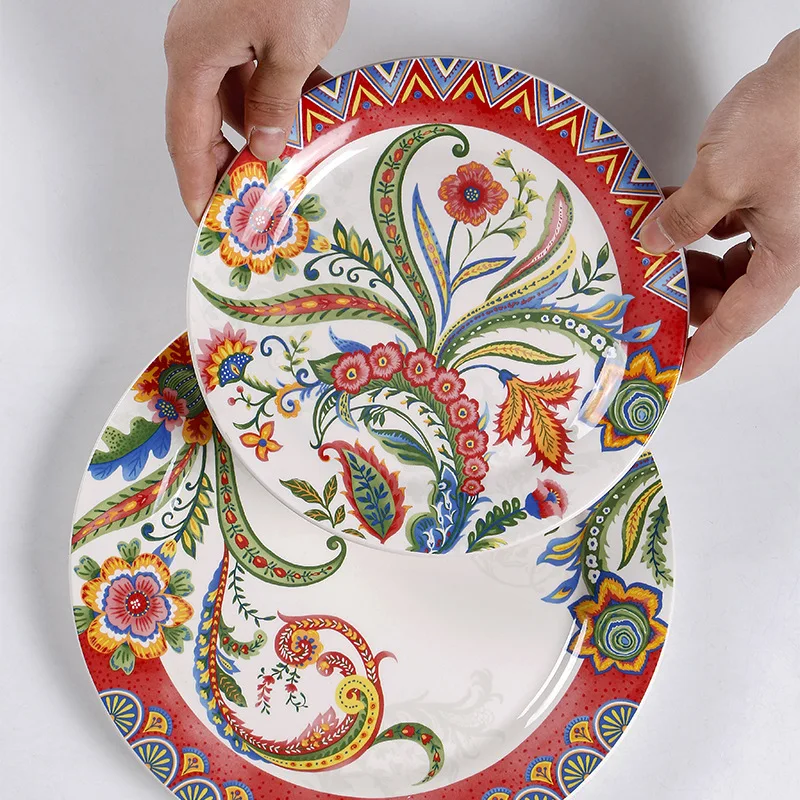 Middle Eastern Floral Ceramic Dinner Plate,Bohemian Style Plate, High-End Steak Plate for Restaurant Home,Personalized Tableware
