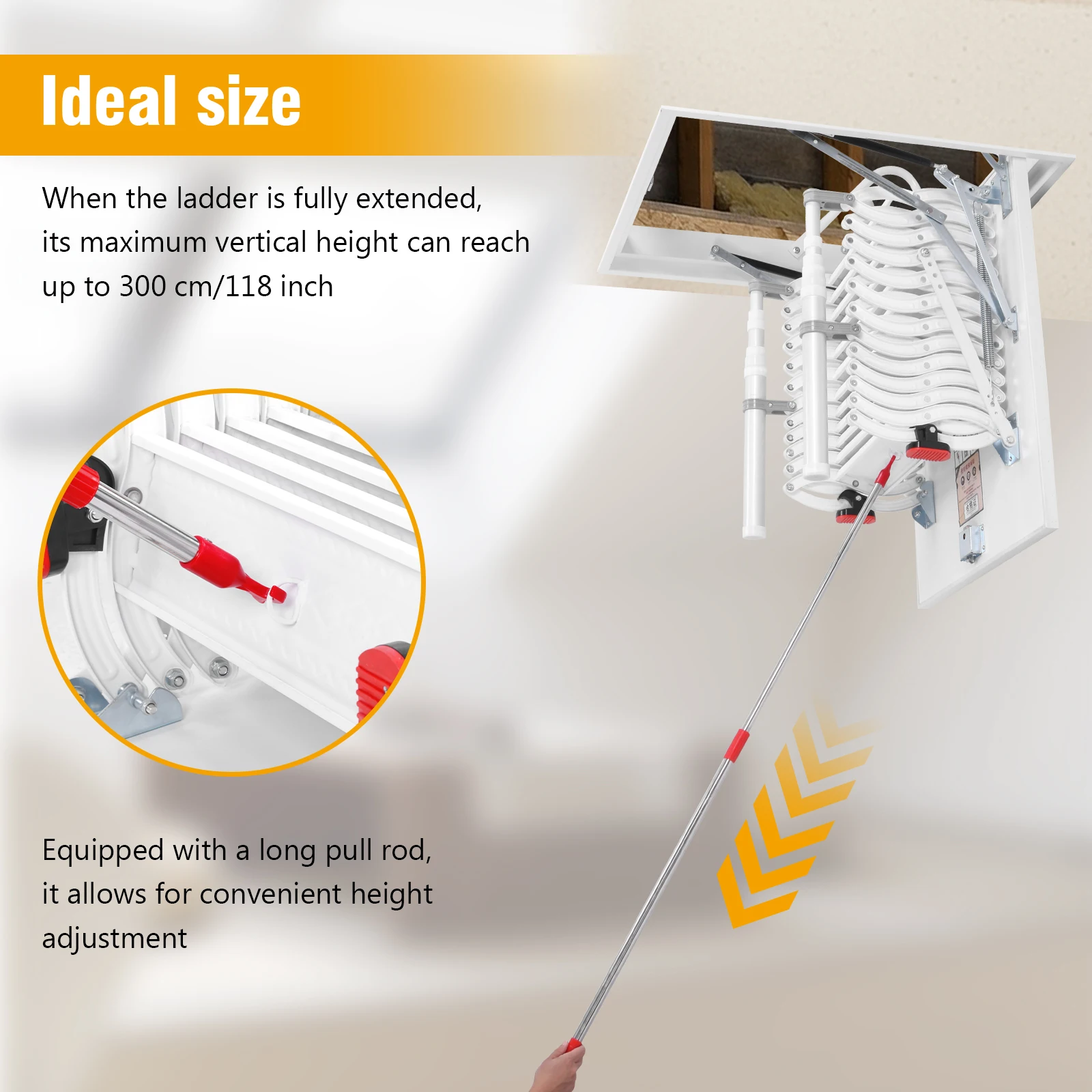 12 Steps Indoor Concealed Steps with Handrails Pull Down Attics Ladders 660LBS Capacity Height Adjustable For Home Duplex Villas