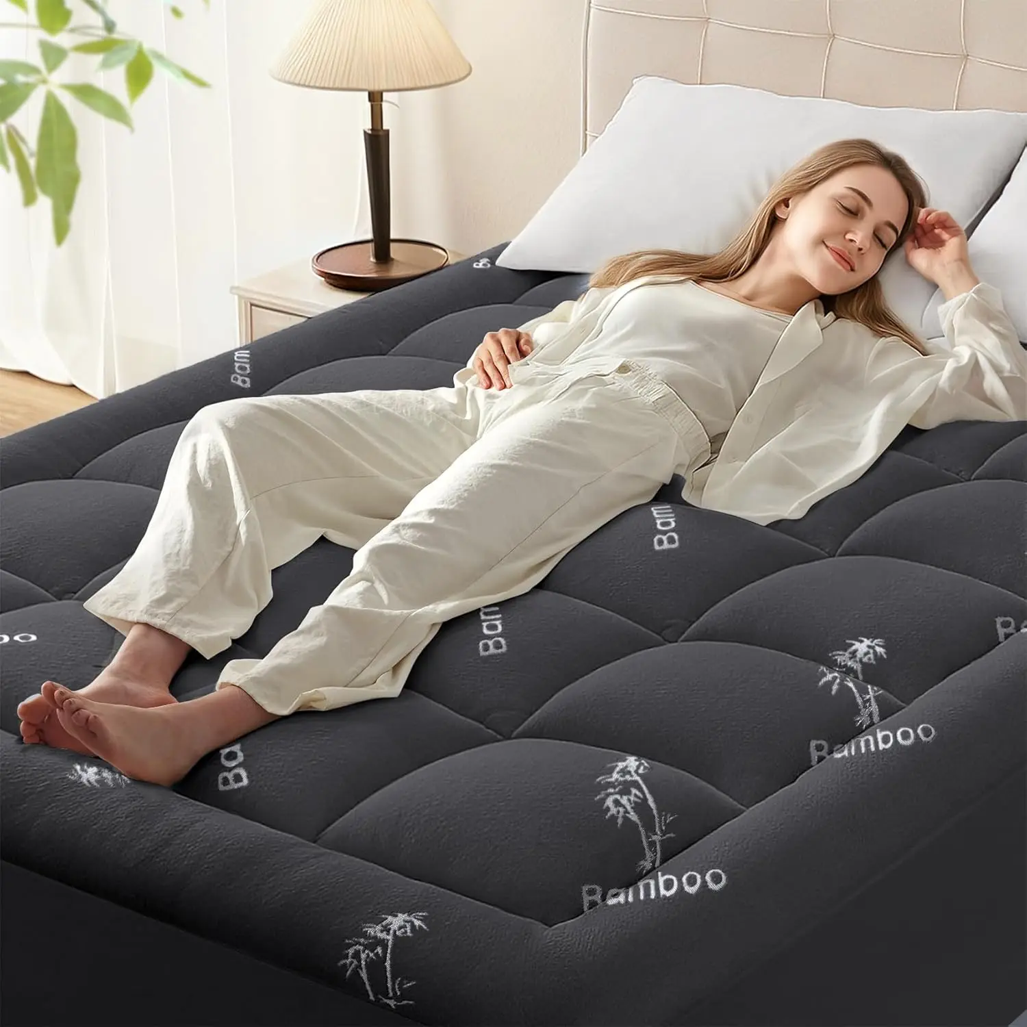 

Охлаждающий наматрасник из пены с эффектом памяти, королевский размер для облегчения боли в спине, подушка из бамбукового искусственного шелка с глубоким карманом 8–21 дюйма, темно-серый