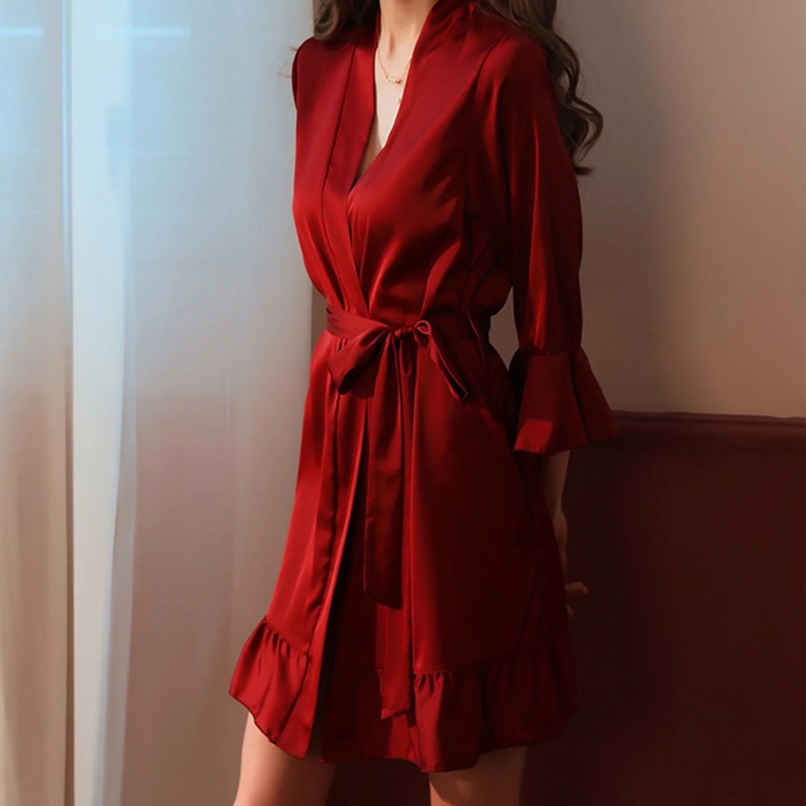 Womens Silk Ruffled Bathrobe Sexy Pajamas Oversized Nightgown Nightdress Home Wear Nightgown Elegant Dress Solid Sleepwear Robe