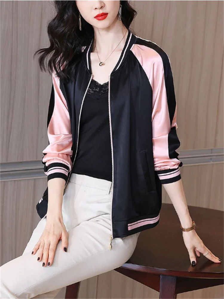 Silk Short Jacket For Women Baseball Outwear Spring Summer Thin Jackets Korean Zip Coats Loose Sunscreen Top Casual Women Jacket