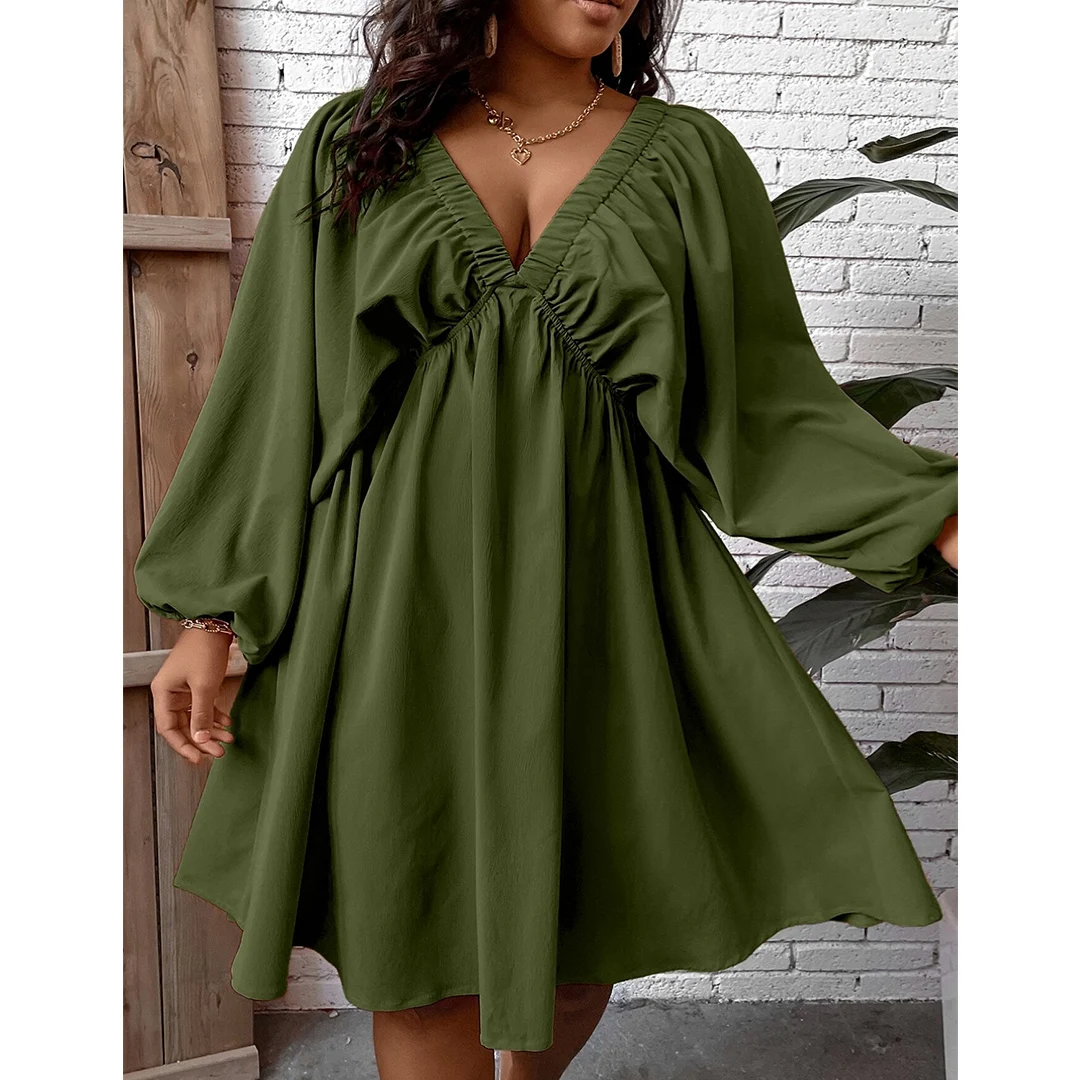 

MuGen Plus Size Loose Dress Casual Long Sleeves Solid Color Dresses V-Neck Women's Clothing 2024 New Fashion Over Size Dress