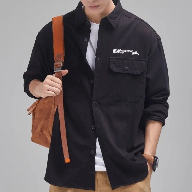 Men Clothing Spring Autumn Trendy Japanese Style Vintage Workwear Shirt Male Casual Letter Print Pockets Long Sleeve Loose Tops