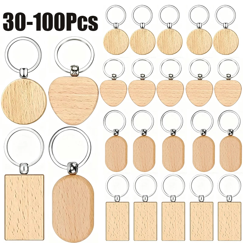 30-100Pcs Blank Natural Beech Wood Keychain Rectangle/Oval/Round/Heart Shape DIY Wooden Key Tags with Metal Ring