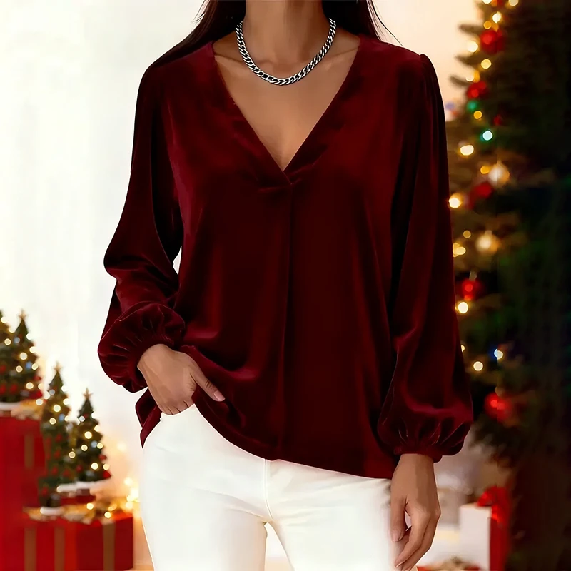 

OMSJ Women's Elegant Velvet V-neck Lantern Sleeve Ruched T-shirt Temperament Ladies Casual Club Pullover Tops Fashion Streetwear