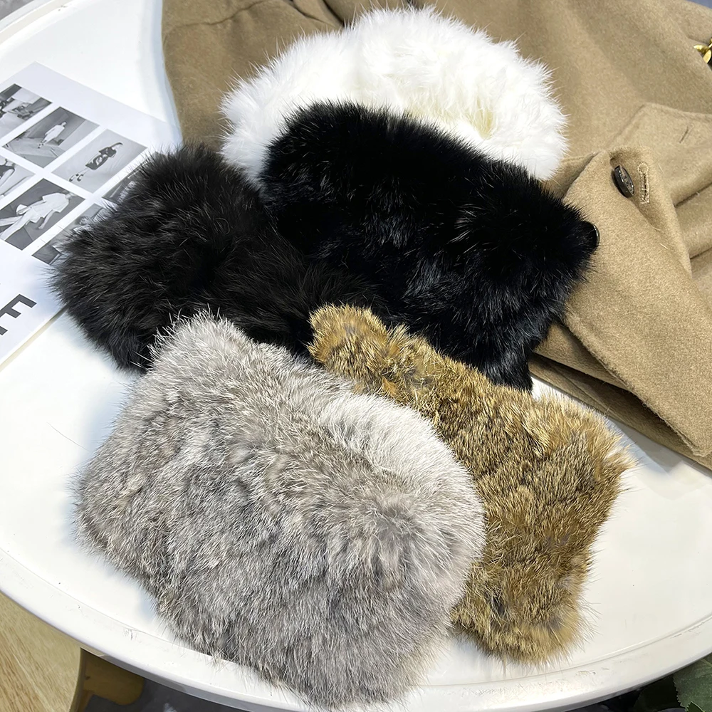 Winter Women Real Fur Handmade Stretch Fur Scarf Knit Genuine Rabbit Fur Headbands Girls Natural Fur Ring Cowl Snood Scarves