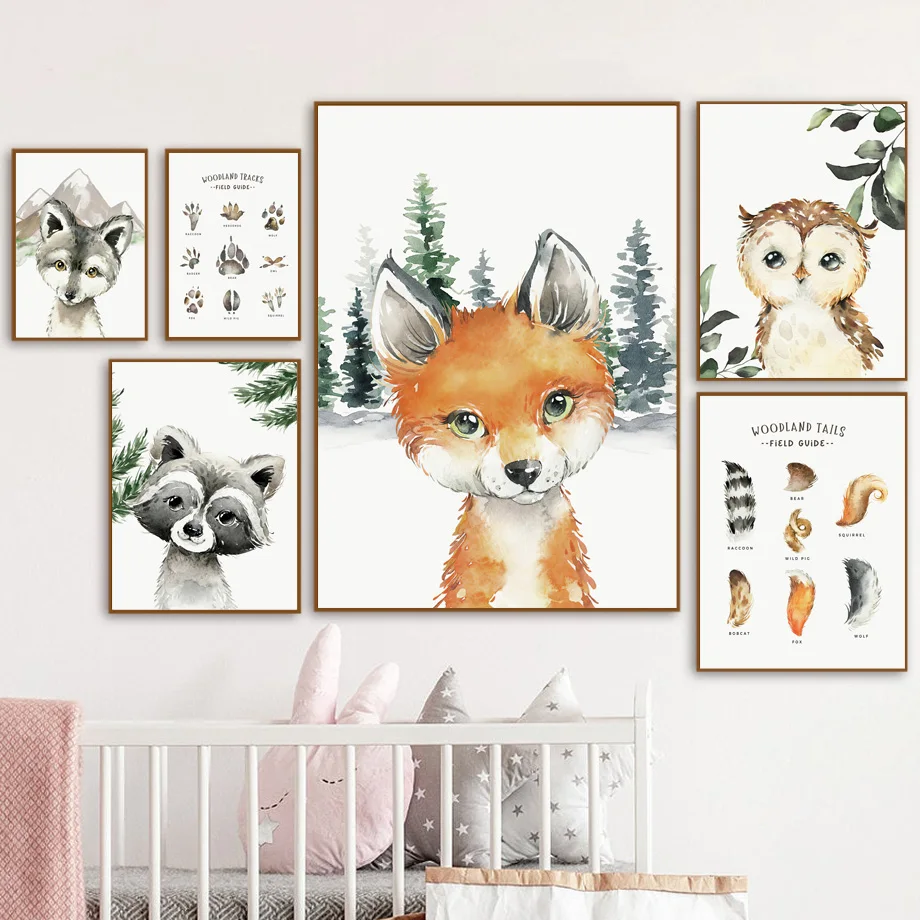 Fox Raccoon Owl Wolf Forest Nursery Animal Wall Art Canvas Painting Nordic Posters And Prints Wall Pictures Baby Kids Room Decor