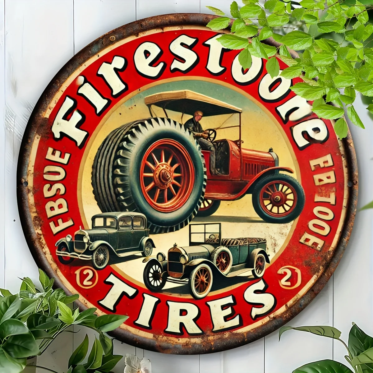 2D Flat Vintage Firestone Tires Round Metal Sign, Retro Classic Antique Car Tractor Circular Tin Sign, Garage Man Cave Auto Shop