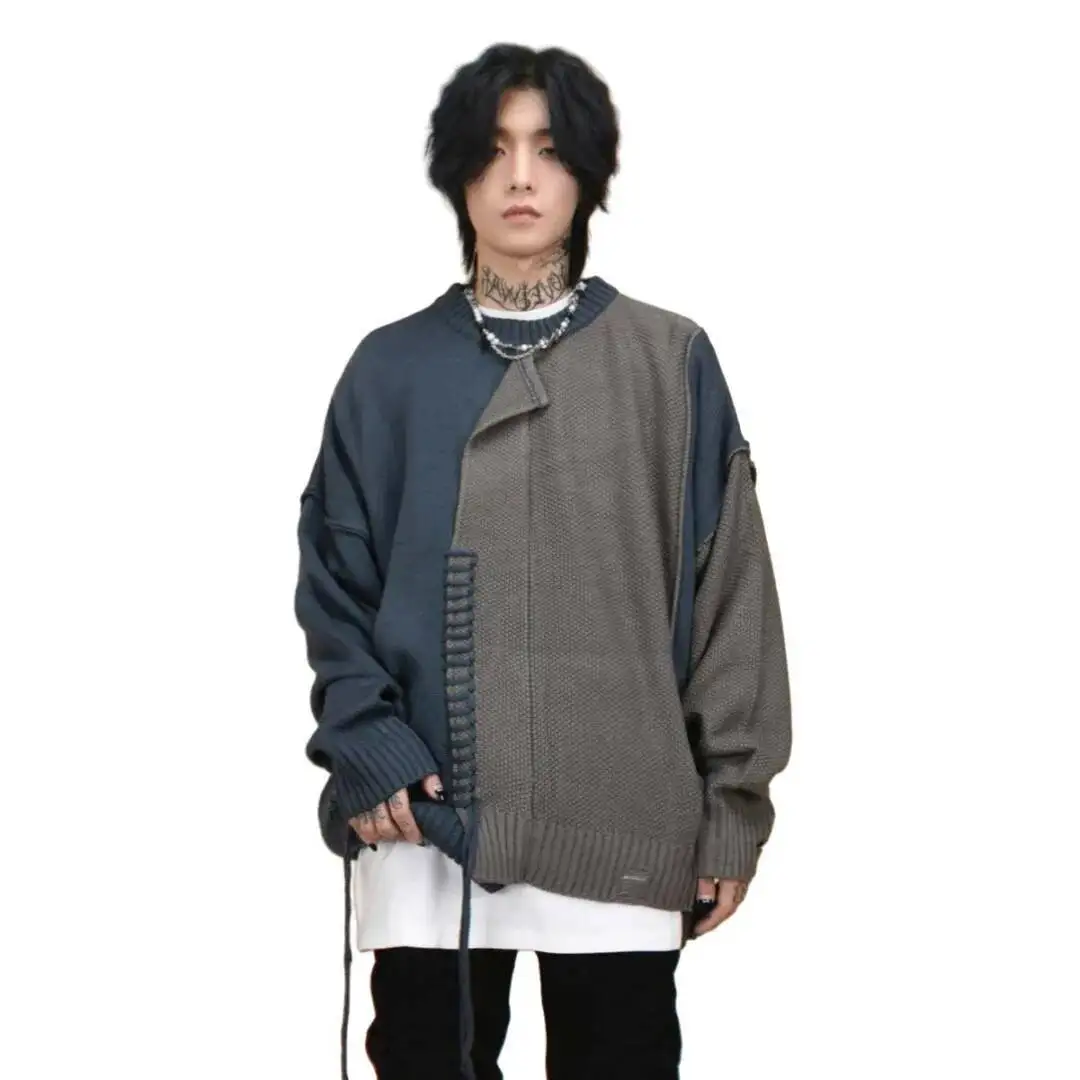 Sweatshirt Autumn Men's Streetwear Niche Sweater Irregular Stitching Color Block Patchwork Design Round Neck Pullover Knitwear