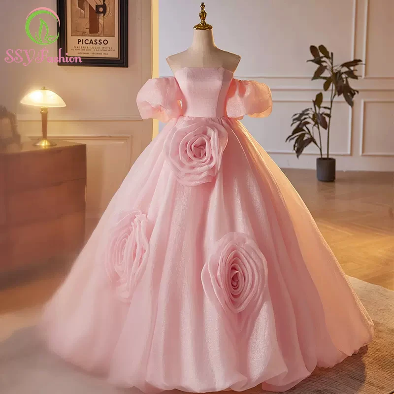 Customized  Sweet Pink Princess Evening Dress Strapless Lantern Sleeves A-line Flowers Prom Party Gowns Vestidos De Fiesta