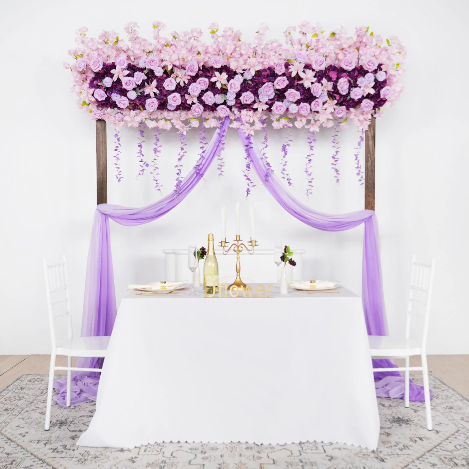 Uflower Luxury Purple Rose Cherry Blossom Hang Wisteria Floral Arrangement Wedding Backdrop Decoration Flower Row Event Props